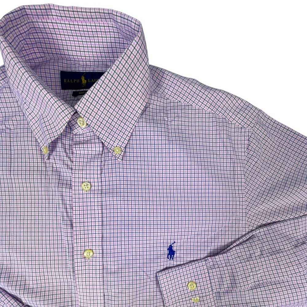 Ralph Lauren Button Down Mens 15.5 32/33 Pink Gray Check Easy Care Dress‎ Shirt